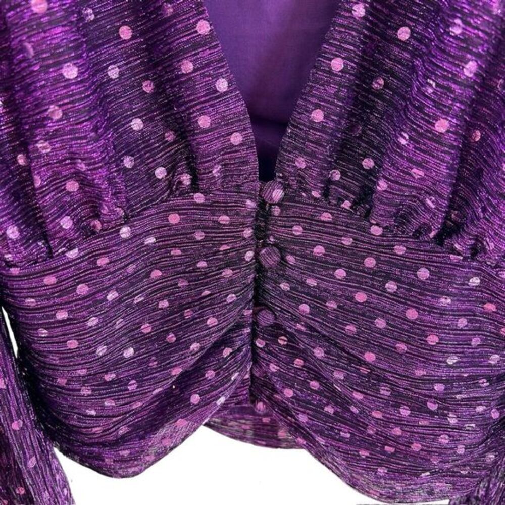 For Love & Lemons Womens L Purple La Vilette Metallic Puff Sleeve Top Plunge New - Picture 4 of 10